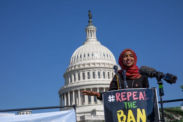 Congresswoman Ilhan Omar speaks during a demonstration against Donald Trump's travel ban for Muslims in 2019.