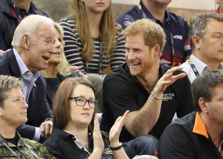 Harry, Joe and Jill Biden cheer on the teams as the USA competes against the Netherlands during the Invictus Games 2017 on Se