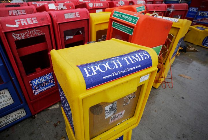 A newspaper box for the Epoch Times in New York City on Nov. 27, 2013.