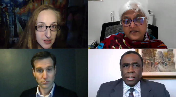 A panel of doctors provide answers to common questions about the COVID-19 vaccine on Zoom on Jan. 20, 2020. Clockwise from left, they are: Dr. Samantha Hill, Dr. Sarita Verma, Dr. Upton Allen and Dr. Noah Ivers.