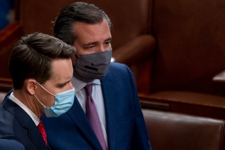 Sens. Josh Hawley (R-Mo.) and Ted Cruz (R-Texas) face an ethics complaint for objecting to the results before and after Trump supporters attacked the Capitol on Jan. 6.