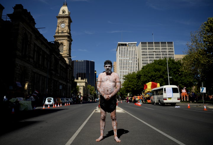 Uncle Allen Edwards pauses amid preparations for a peaceful protest to change the date of Australia Day before the Australia Day Parade in Adelaide on January 26, 2020.