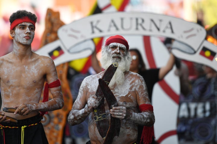 A peaceful protest is held at the start of the Australia Day Parade in Adelaide on January 26, 2020.