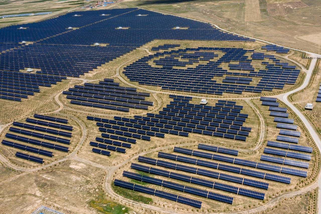 A panda-shaped solar park in Datong, Shanxi, China. China is both a key investor in coal and also a leader in renewables, with more solar capacity than any country in the world.