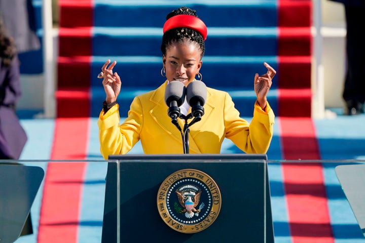 Poet Amanda Gorman reads her poem during the 59th presidential inauguration at the U.S. Capitol on Wednesday.