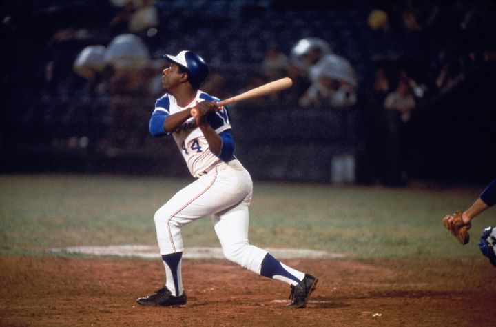 Hall of Famer Hank Aaron of the Atlanta Braves swings at the ball. (Photo by Focus On Sport/Getty Images)