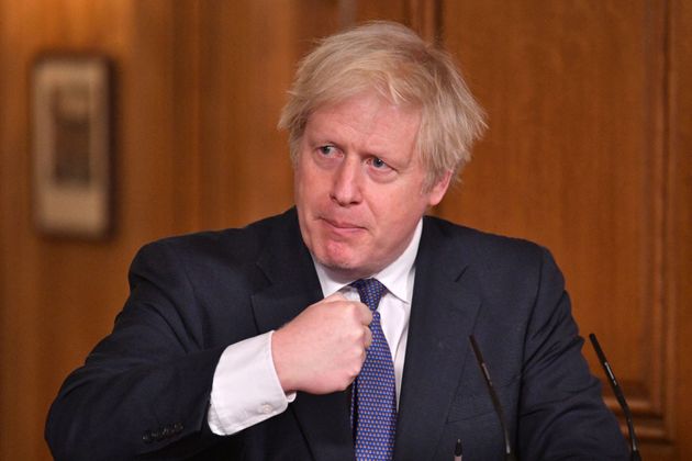 Boris Johnson lors d'une conférence de presse à Downing Street le 15 janvier 2021 (Dominic Lipinski/Pool via AP)