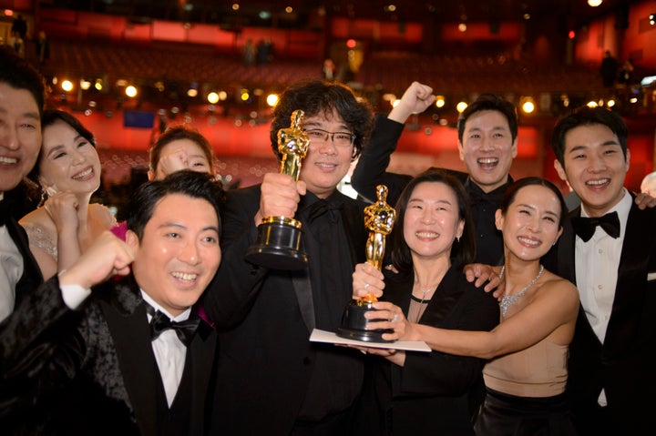 The cast and crew of Parasite at the Oscars last February.