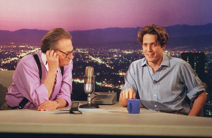 Hugh Grant being interviewed by Larry King during a taping of Larry King Live in Los Angeles Wednesday, July 12, 1995. 