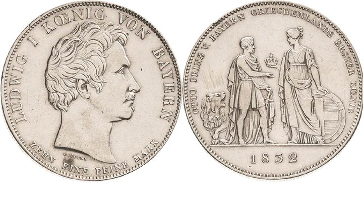 Αναμνηστικό μετάλλιο του 1832. Ο Λουδοβίκος Α και στην δεύτερη όψη ο γιός του Οθων που αναλαμβάνει τον θρόνο στην Ελλάδα (συλλογή ΕΕΦ)