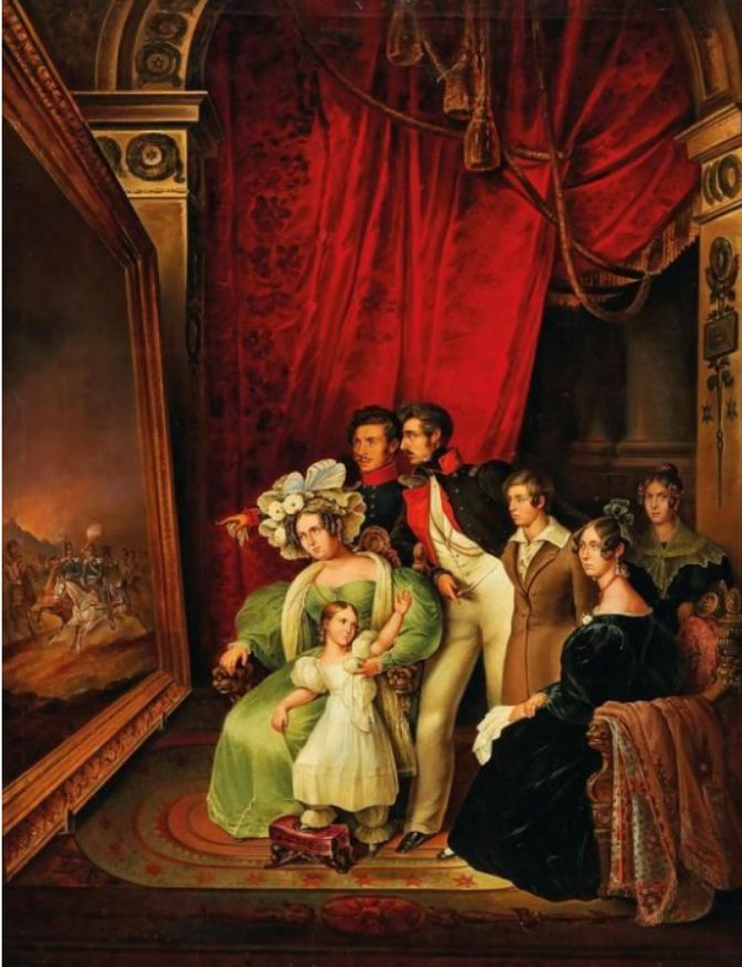 Πίνακας που απεικονίζει την οικογένεια του Λουδοβίκου Α να θαυμάζει τον πίνακα του Γερμανού ζωγράφου Peter Von HESS με θέμα την άφιξη του Οθωνος στο Ναύπλιο (συλλογή ΕΕΦ)