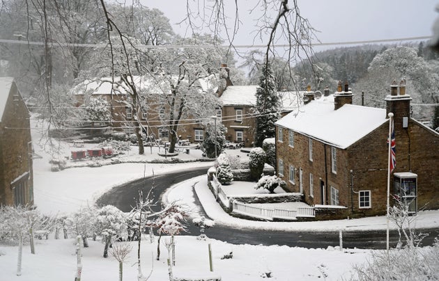 Snow covers the village of Allenheads, Northumberland.