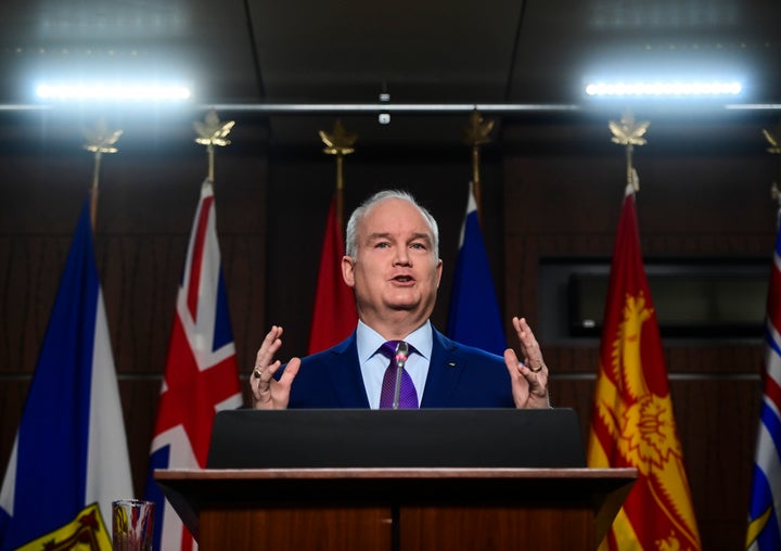 Conservative leader Erin O'Toole holds a press conference on ParlIament Hill in Ottawa on Jan. 25, 2021.