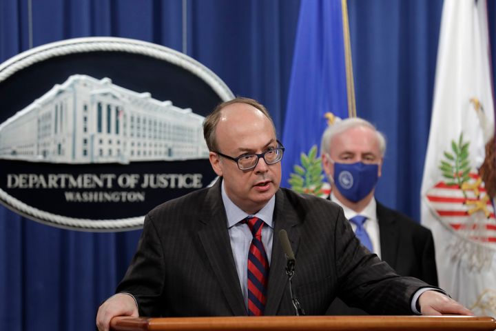 Then-Acting Assistant U.S. Attorney General Jeffrey Clark (front) speaks as he stands next to then-Deputy Attorney General Jeffrey A. Rosen (back) during a news conference on Oct. 21, 2020. (Yuri Gripas/Pool via AP)