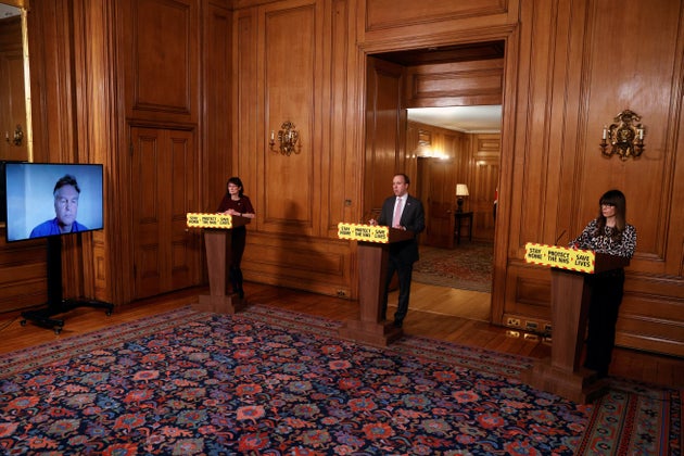 (left to right) Deputy chief medical officer Dr Jenny Harries, health secretary Matt Hancock and Covid-19 strategic response director for Public Health England Susan Hopkins during a media briefing on coronavirus