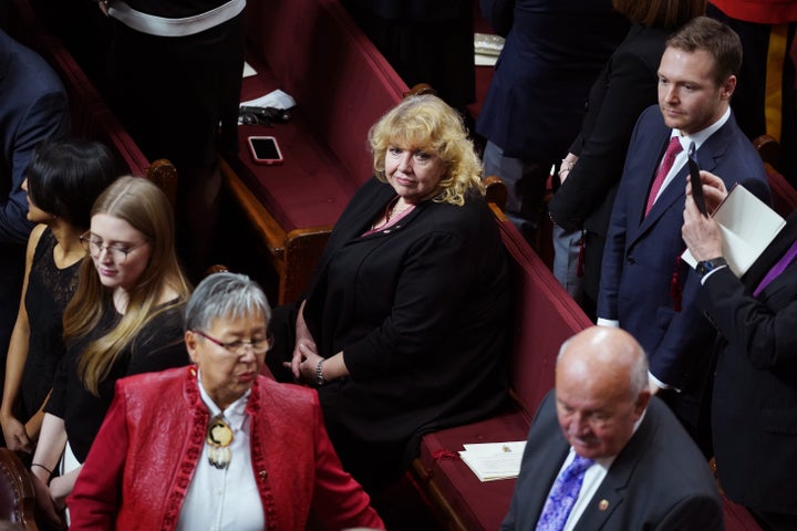 Senator Lynn Beyak waits for the Throne Speech in the Senate chamber in Ottawa on Dec. 5, 2019. 