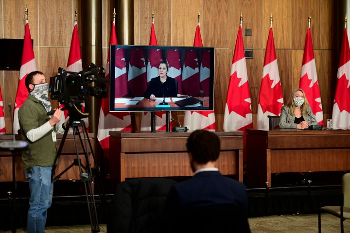Minister of Middle Class Prosperity and Associate Minister of Finance Mona Fortier holds a press conference as she is joined virtually by Finance Minister Chrystia Freeland in Ottawa on Jan. 25, 2021. 