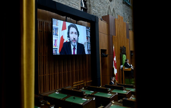 Prime Minister Justin Trudeau is seen as he speaks via videoconference during question period in the House of Commons on Jan. 25, 2021.