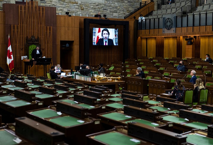 Prime Minister Justin Trudeau is seen as he speaks via videoconference during question period in the House of Commons in Ottawa on Jan. 25, 2021.