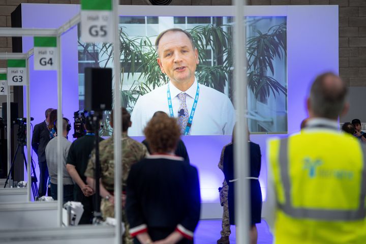 NHS England boss Simon Stevens, addresses staff earlier in the pandemic. 