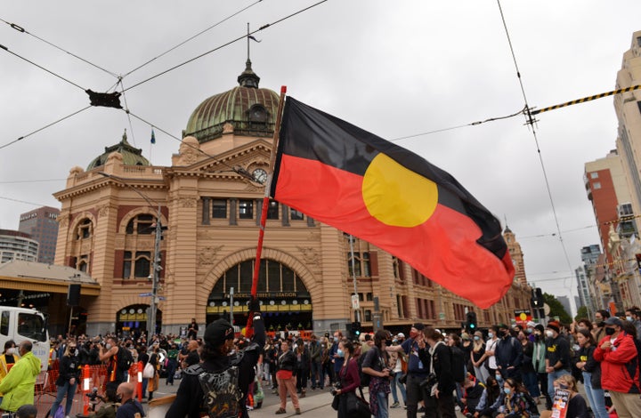 Aboriginal and Torres Strait Islanders, who opposed the British fleet's arrival on January 26, 1788, to be celebrated as "Australia Day", organise a demonstration describing this date as "Invasion Day" in Melbourne, Australia on January 26, 2021. 