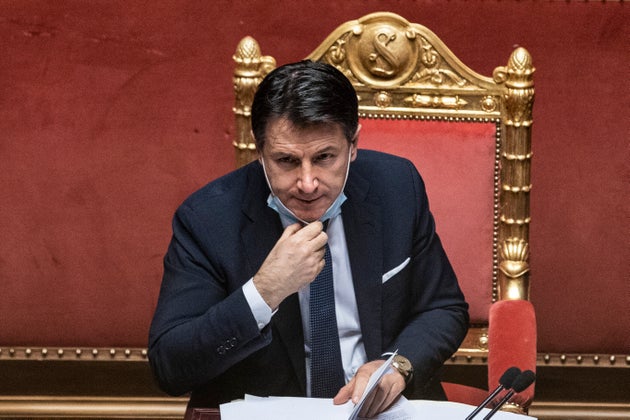 ROME, ITALY - JANUARY 19: Italian Prime Minister Giuseppe Conte attends the communications on the current political situation at the Italian Senate before the confidence vote, on January 19, 2021 in Rome, Italy. Following the resignation of two ministers in Conte's coalition government over a dispute on spending of EU funds during the pandemic, the Italian government is on the verge of another crisis. (Photo by AM POOL/Francesco Fotia/Getty Images)