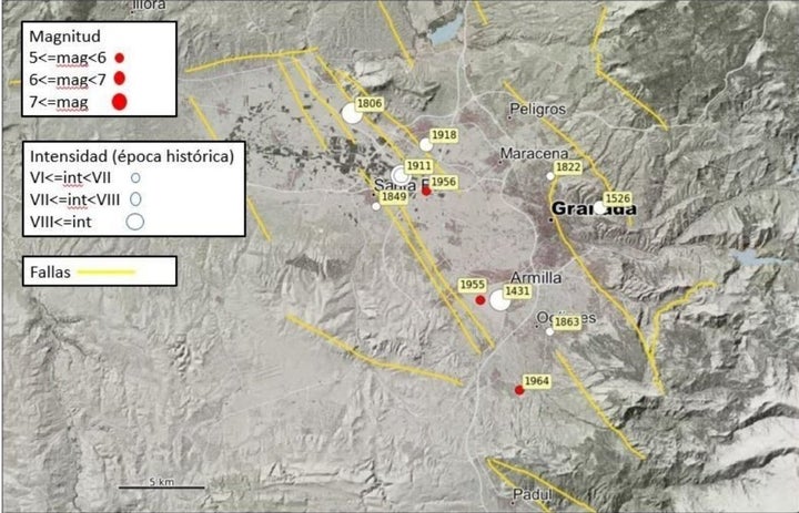 Mapa de los seísmos de Granada.