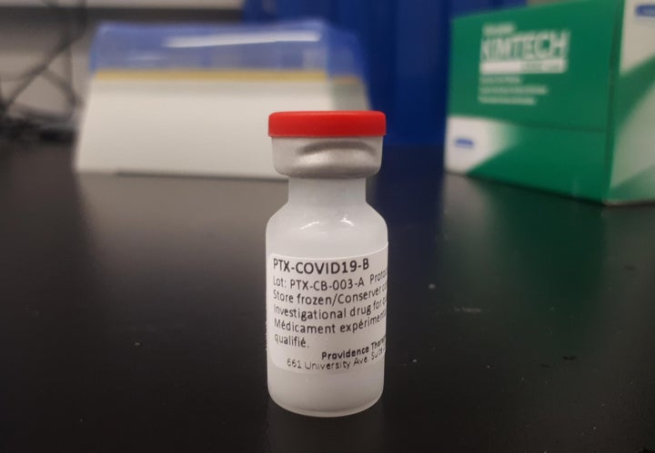 This undated handout photo shows a vial of Providence Therapeutics' COVID-19 vaccine. Providence Therapeutics says it could start manufacturing millions of doses of its coronavirus vaccine by 2022.