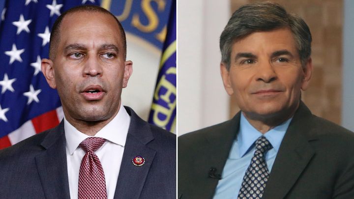 Rep. Hakeem Jeffries (D-N.Y.) is shown on the left, and journalist George Stephanopoulos is shown on the right. A California man was arrested and charged Tuesday with making threats against family members of both men.