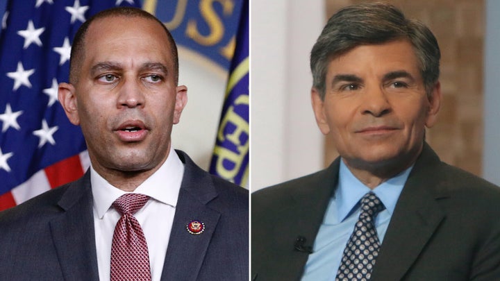Rep. Hakeem Jeffries (D-N.Y.) is shown on the left, and journalist George Stephanopoulos is shown on the right. A Califo