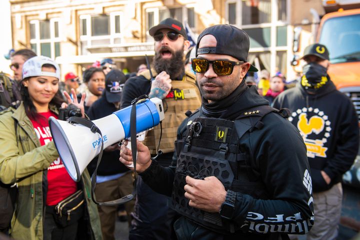 **FILE PHOTO** Henry 'Enrique' Tarrio Arrested For BLM Flag-Burning at Historic Black Church last month ahead of planned rally by Trump supporters. WASHINGTON D.C., NOVEMBER 14- Enrique Tarrio and the Proud Boys demonstrate near Freedom Plaza during the Million Maga March protest regarding election results on November 14, 2020 in Washington D.C. Photo: Chris Tuite/imageSPACE/MediaPunch /IPX