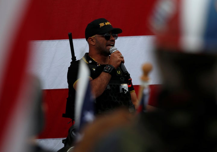 Proud Boys chairman Enrique Tarrio speaks at a rally in Portland, Oregon, U.S. September 26, 2020. REUTERS/Jim Urquhart