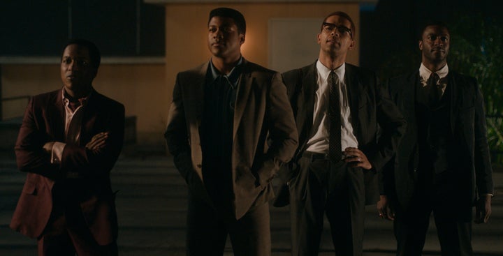 (Left to right) Leslie Odom Jr., Eli Goree, Kingsley Ben-Adir and Aldis Hodge in 'One Night in Miami."