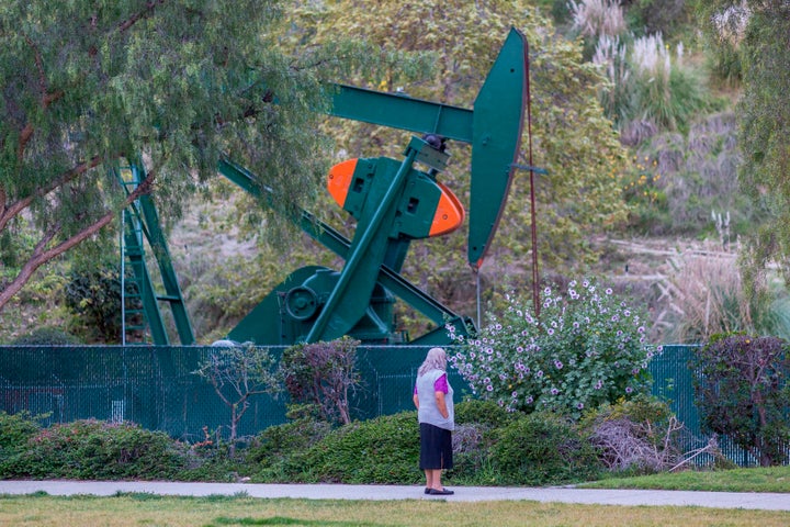 Pump jacks draw crude oil from the Long Beach Oil Field under Discovery Well Park in Signal Hill, California, last March.&nbs