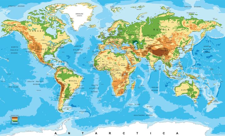 Highly detailed physical map of the world 