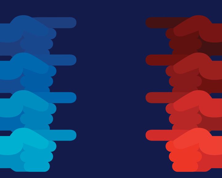 Vector illustration of blue and red hands pointing at each other.