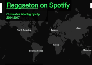 Mapa de la expansión del reguetón en el mundo entre 2014 y 2017 en Spotify.