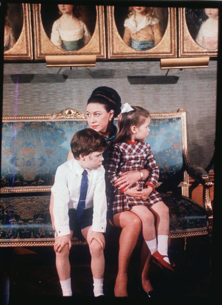 Princess Margaret is shown here with her two children, Viscount Linley and Lady Sarah Armstrong-Jones, at Windsor Castle during filming of "The Royal Family."