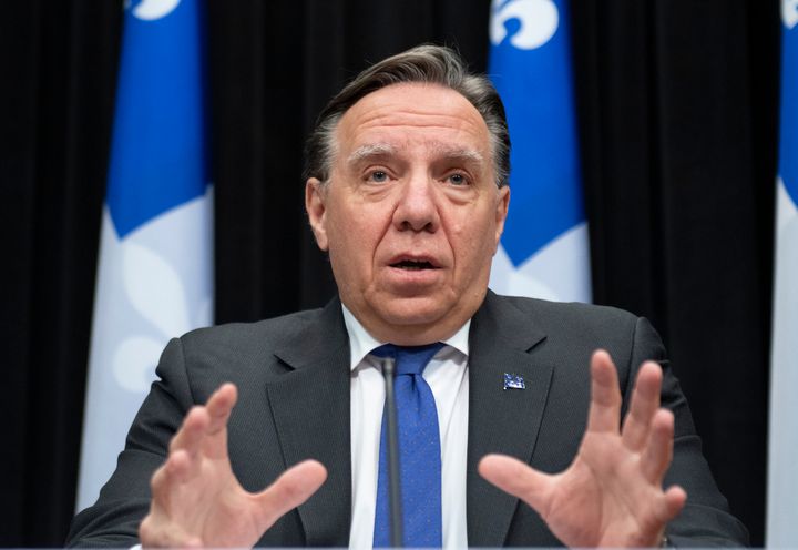 Quebec Premier Francois Legault speaks during a news conference on the COVID-19 pandemic on Jan. 28, 2021 at the legislature in Quebec City. 