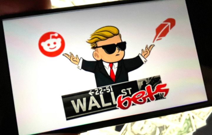 The logo of the r/WallStreetBets subreddit, seen on an iPhone screen.