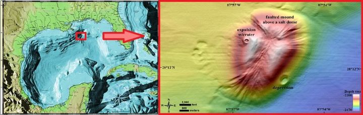 Εικόνα 4: Ένα από τα ηφαίστεια ιλύος του Κόλπου του Μεξικού και μια δομή άλατος [4], [7].