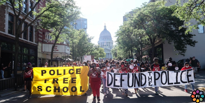 Shyra Adams leads a protest in June to remove police from schools in Madison, Wisconsin. Adams joined other youth activists in that fight following the 2015 death of Tony Robinson, an unarmed Black teenager killed by police in her city.