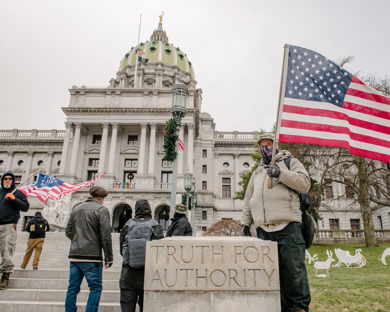 Protesters rallied outside the Pennsylvania state Capitol in Harrisburg on Jan. 6 — the same day insurrectionists invaded the U.S. Capitol in Washington, D.C. — to demonstrate against the certification of Electoral College votes because of baseless allegations of voter fraud.