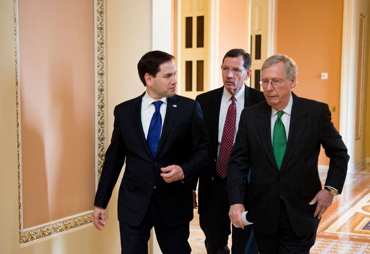 U.S. Sens. Mitch McConnell of Kentucky (right) and Marco Rubio of Florida (left) are two Republicans who spent the last four years enabling Trump but have nevertheless earned the anger of some GOP officials in their states for refusing to fully go along with the former president's effort to overturn the election he lost.