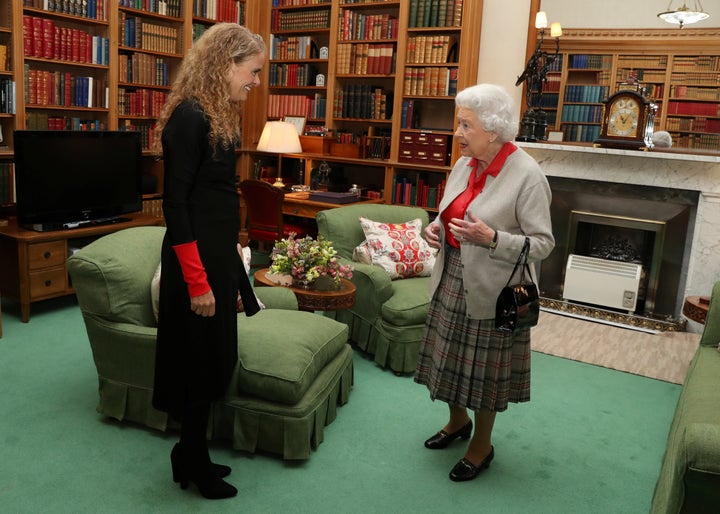 Julie Payette meets Britain's Queen Elizabeth during a private audience at Balmoral Castle, Scotland on Sept. 20, 2017.