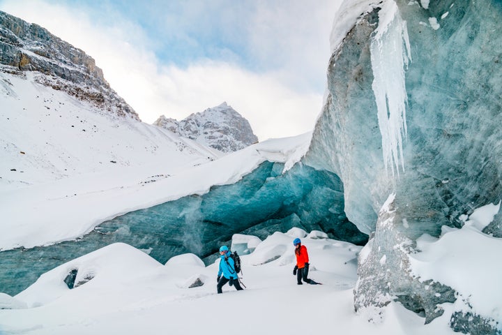 Hikers on a glacier in the Columbia Icefield, near Jasper, Alta. 