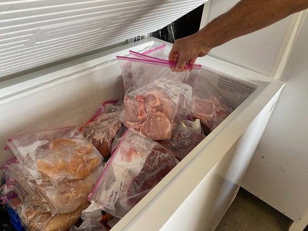 Freezer in a home for portioned frozen meats and meals so food can be purchased in bulk and stored during the pandemic.