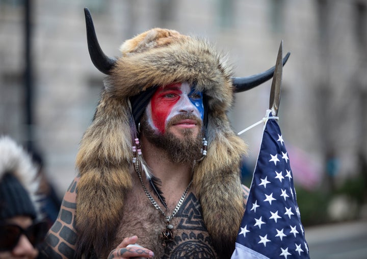 Jacob Chansley, a.k.a. Jake Angeli and the QAnon Shaman, at the "Stop the Steal" rally on January 06, 2021 in Washington, DC.