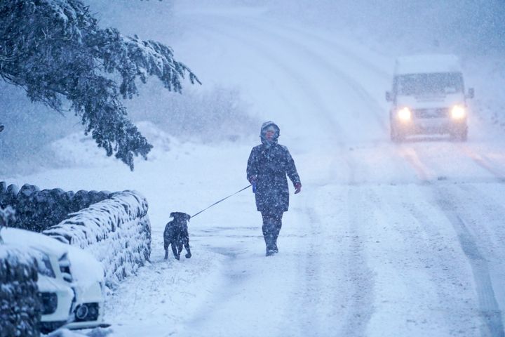 A dog walker and a van make their way along a snow covered road in Northumberland, as parts of the UK could be blanketed with up to seven inches (20cm) of snow in the next couple of days.