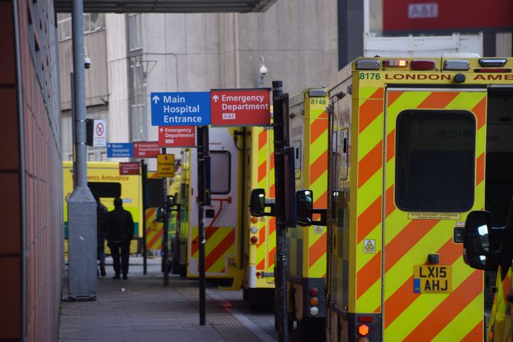 Ambulances in a queue outside the Royal London Hospital.